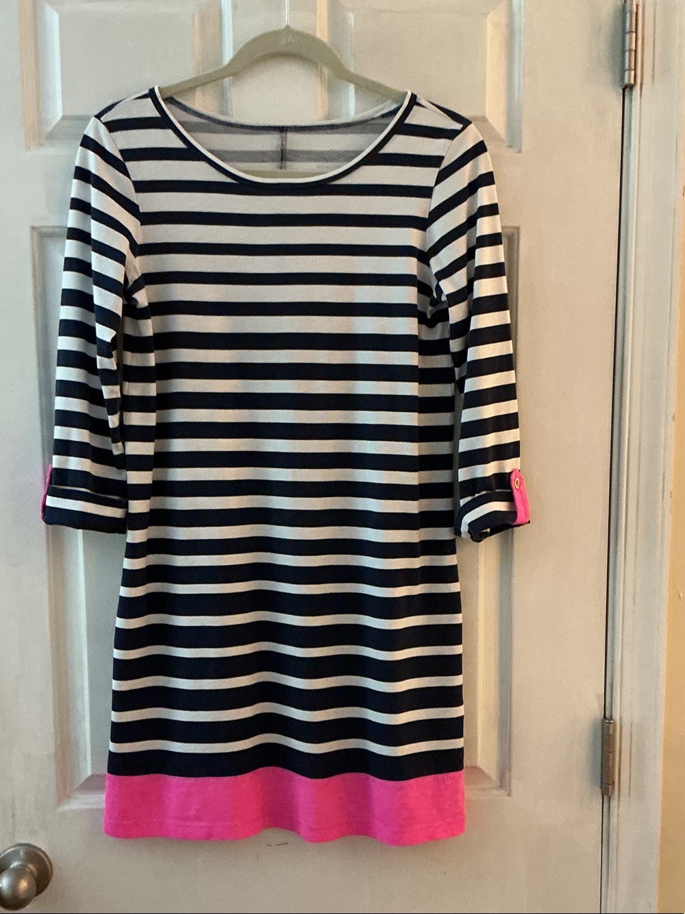 Lilly Pulitzer Navy Blue White Stripe Pink Border Cotton LINDEN Dress EUC S